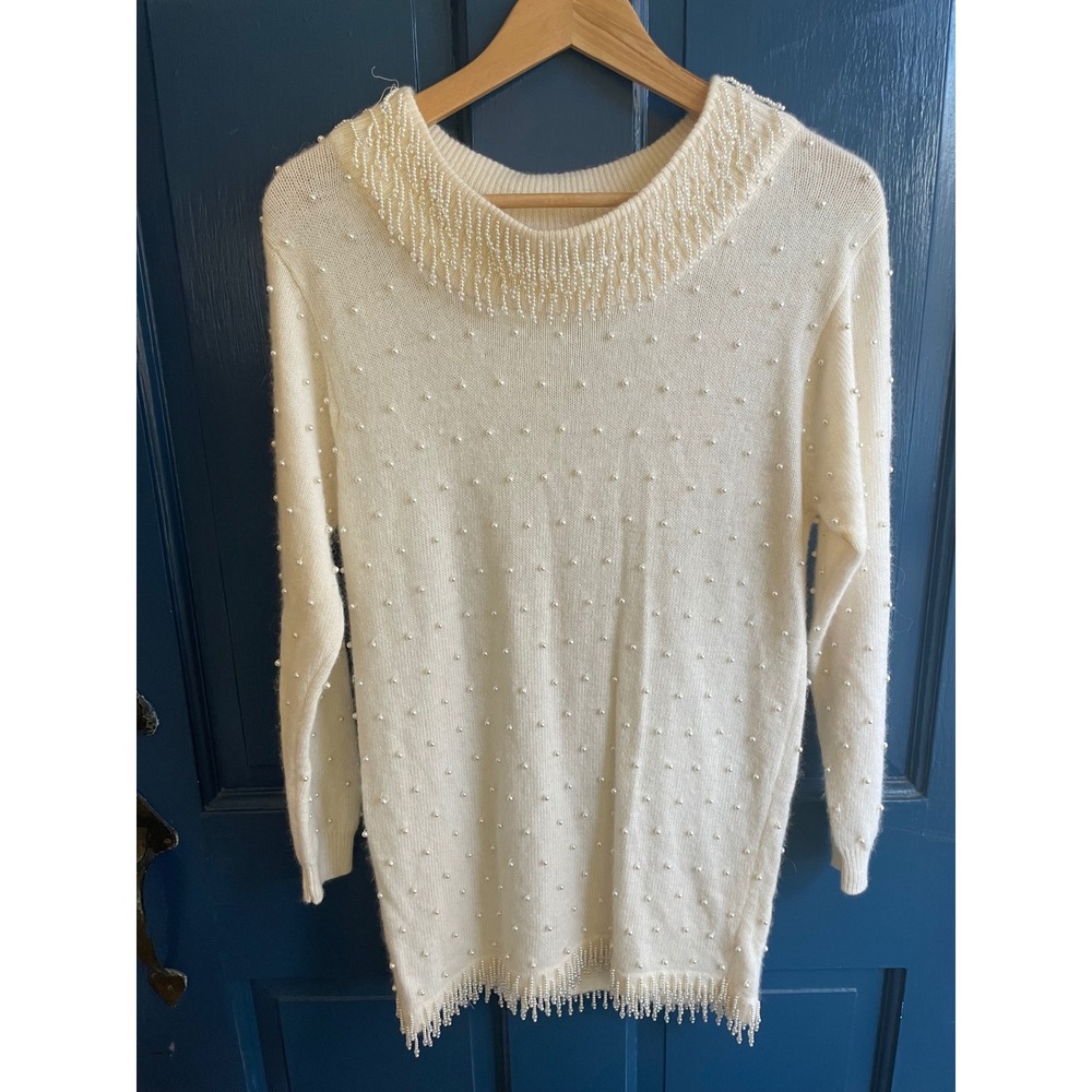 Vintage Sweater Tunic Cream Pearl Embellished Beaded Fringe Size S GUC